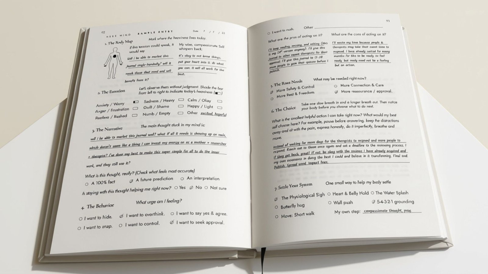 A sample completed entry inside the 7-Minute Mind Journal, showing the seven-step guided structure
