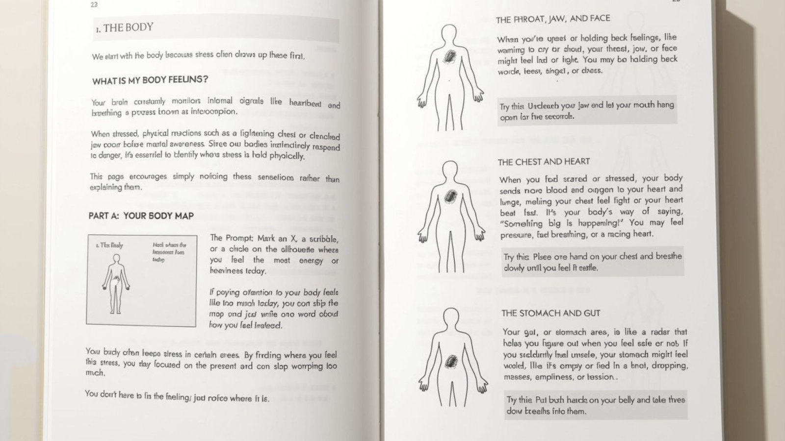 The Body chapter of the journal, with a body-map illustration for locating stress
